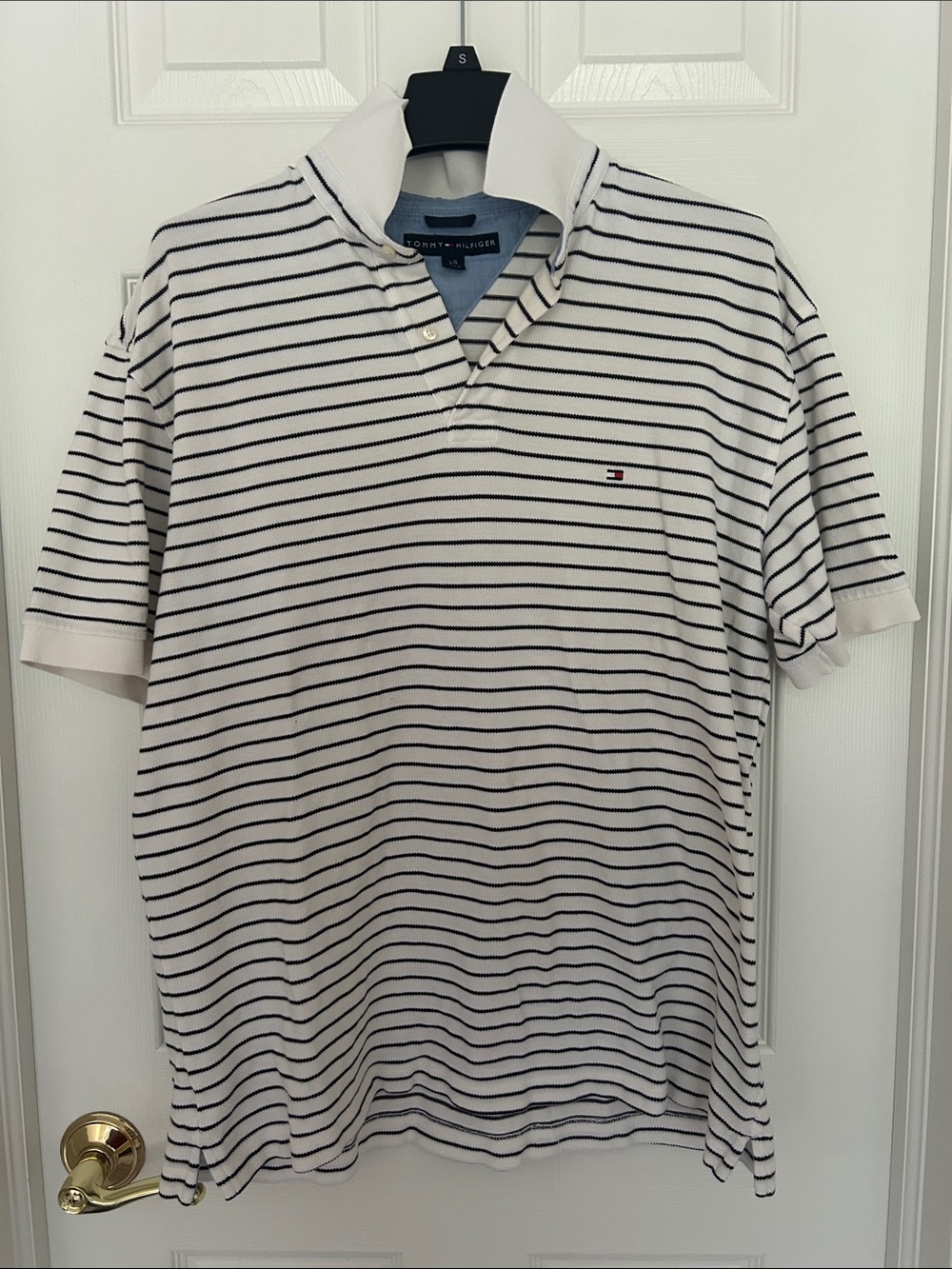 Tommy Hilfiger Striped Polo Shirt Men’s Large White Navy 100% Cotton